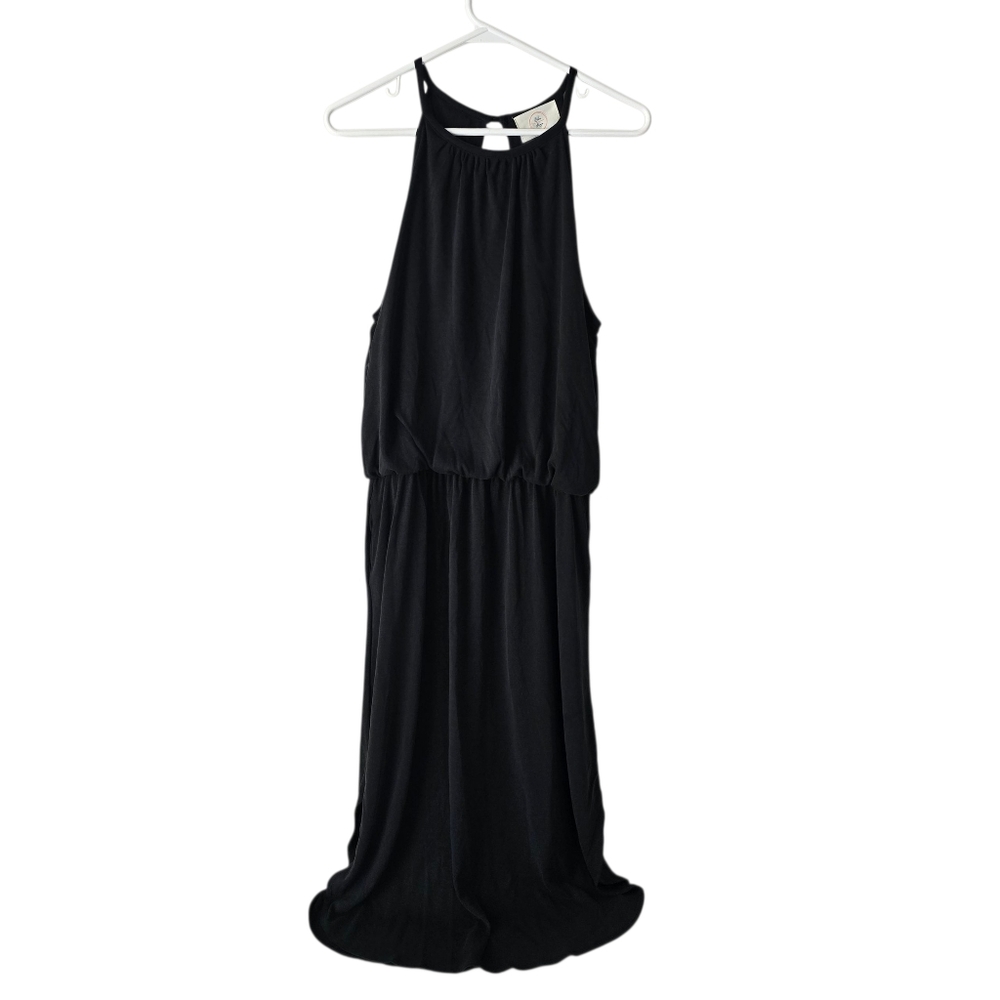 NWT Anthropologie Ella Mara High Neck Blouson Maxi Dress M Black Pockets